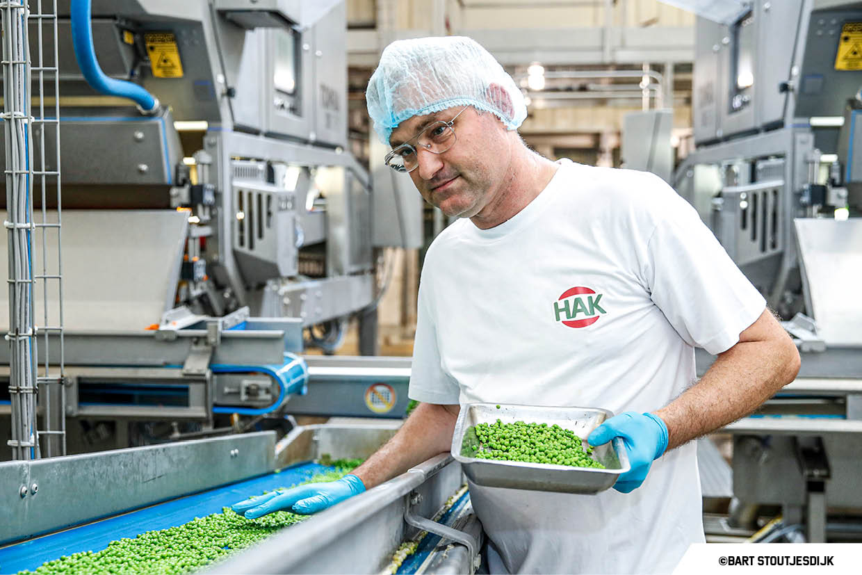 Medewerker bekijkt een bakje doperwten boven de sorteband en kijkt in de camera